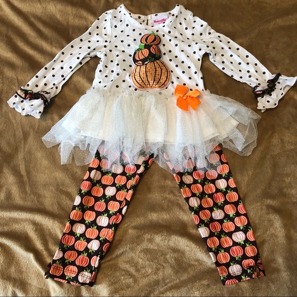 Girls Size 2T Nannette 2pc Ruffled Hem Pumpkin Top & Leggings Set Halloween Fall